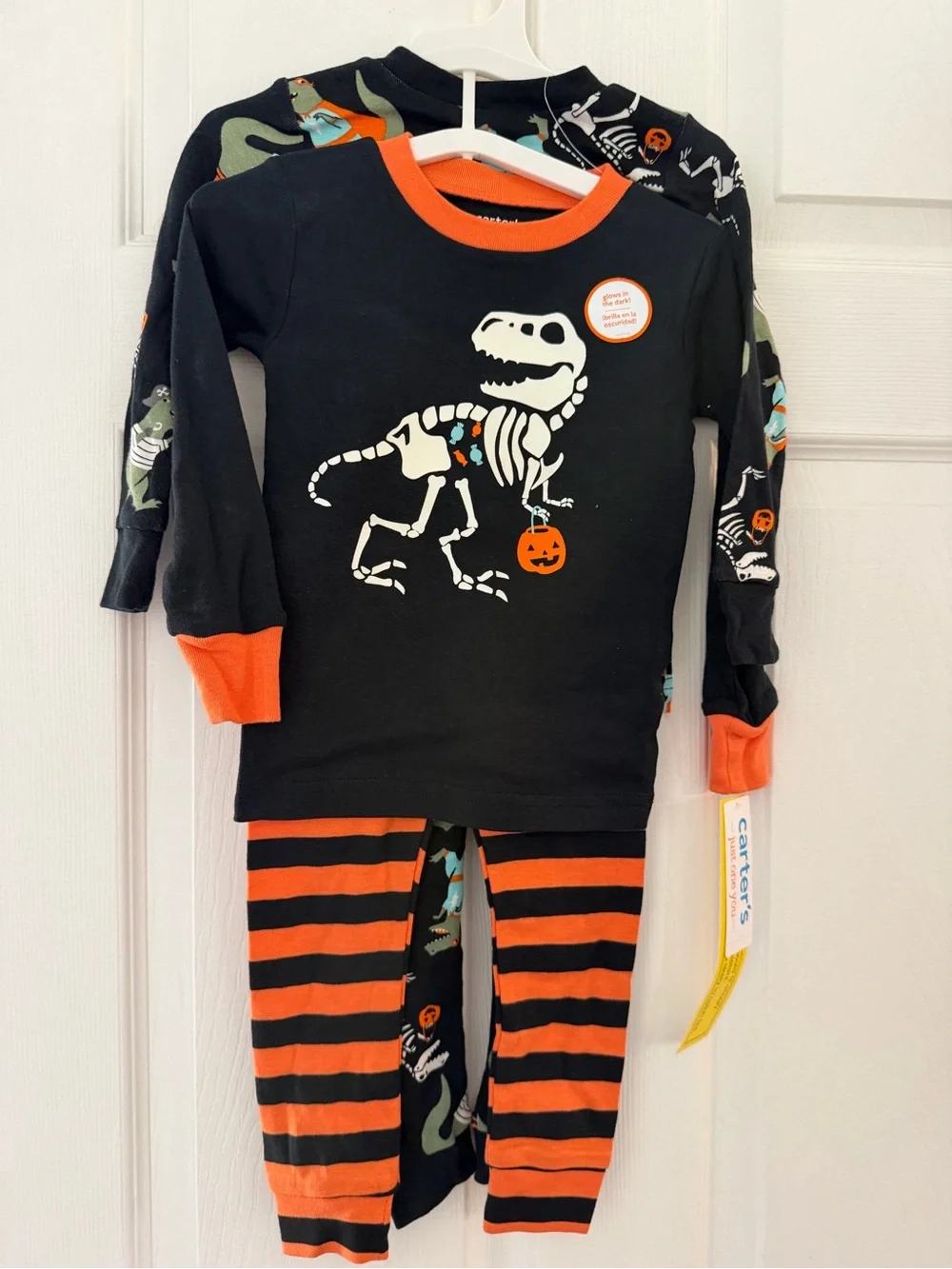 Carters Kids Black & Orange Halloween Dinosaur pajama 4 piece Set size 2T